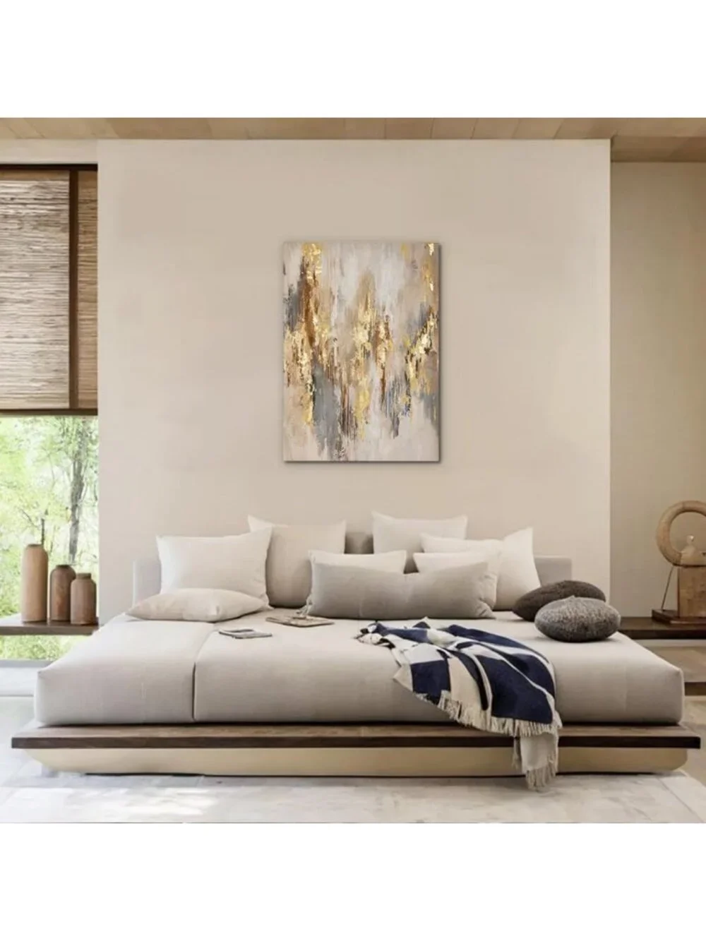Neutral Abstract Canvas Wall Art - Modern Gold & Beige Decor for Living Room